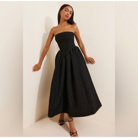 BHLDN Dresses & Skirts - BHLDN Floral Jacquard Strapless Gown Midi Dress Black 6